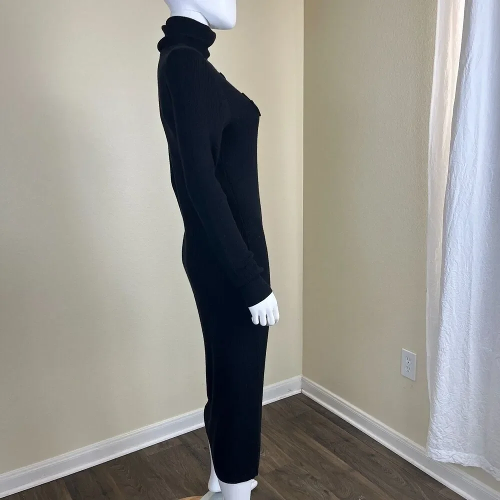 DVF Women Size L Black Wool Jersey Knit Midi Sweater Dress Capsule Minimalist